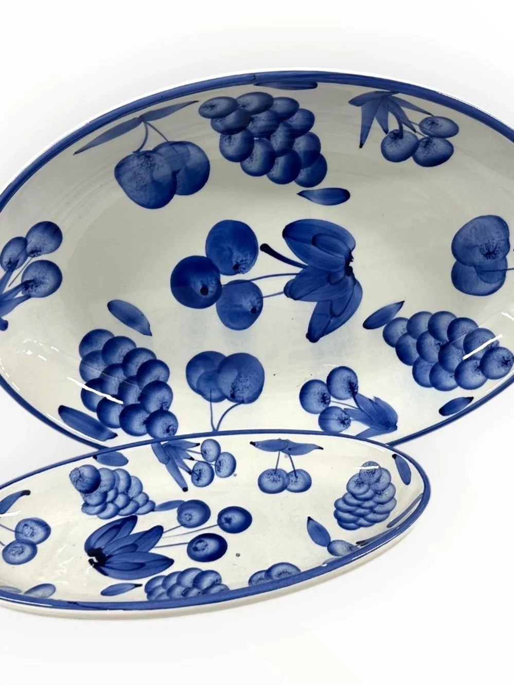 Stoviglieria Italy Blue Fruit Hand Painted Oval Serving Platters Set Of 2 Vtg
